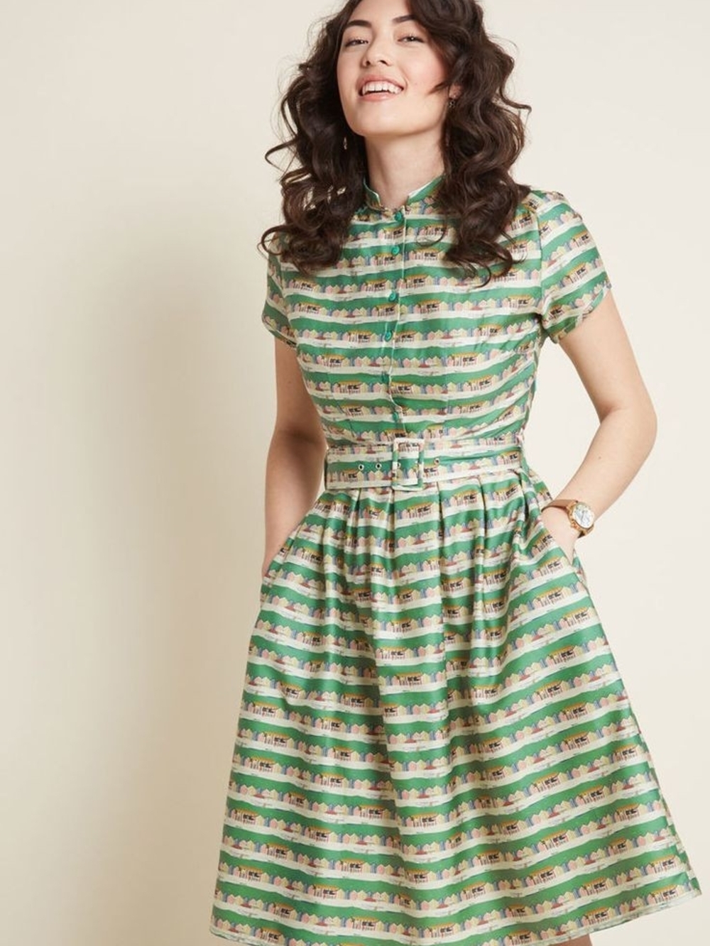 Palava Green Striped Fit-and-Flare Dress with Belt Size 16UK